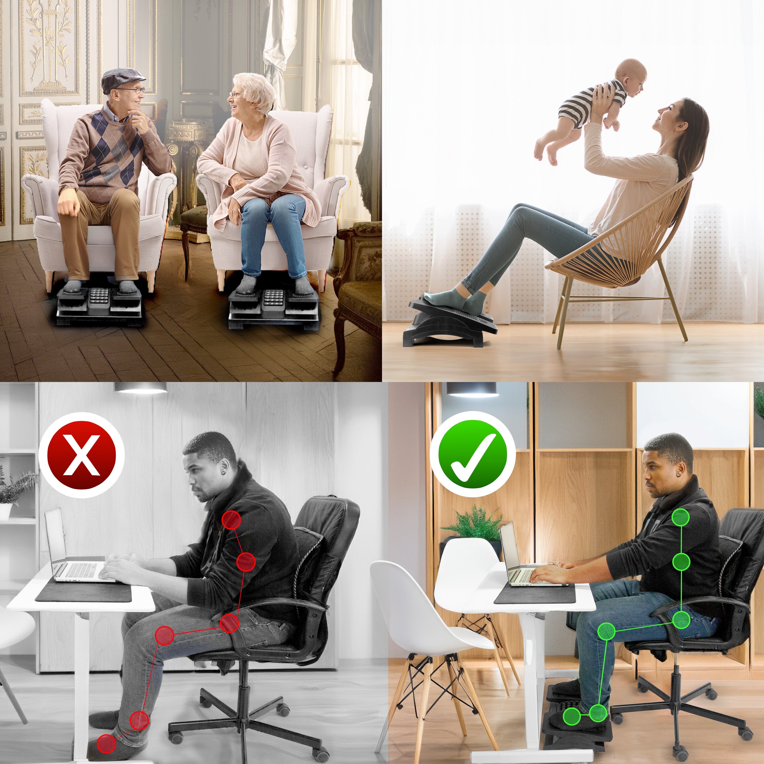 Duronic Ergonomic Footrest with a collage of four images demonstrating the benefits of an ergonomic footrest for elderly relaxation, nursing mothers, and improving sitting posture and spinal alignment while working at a desk.