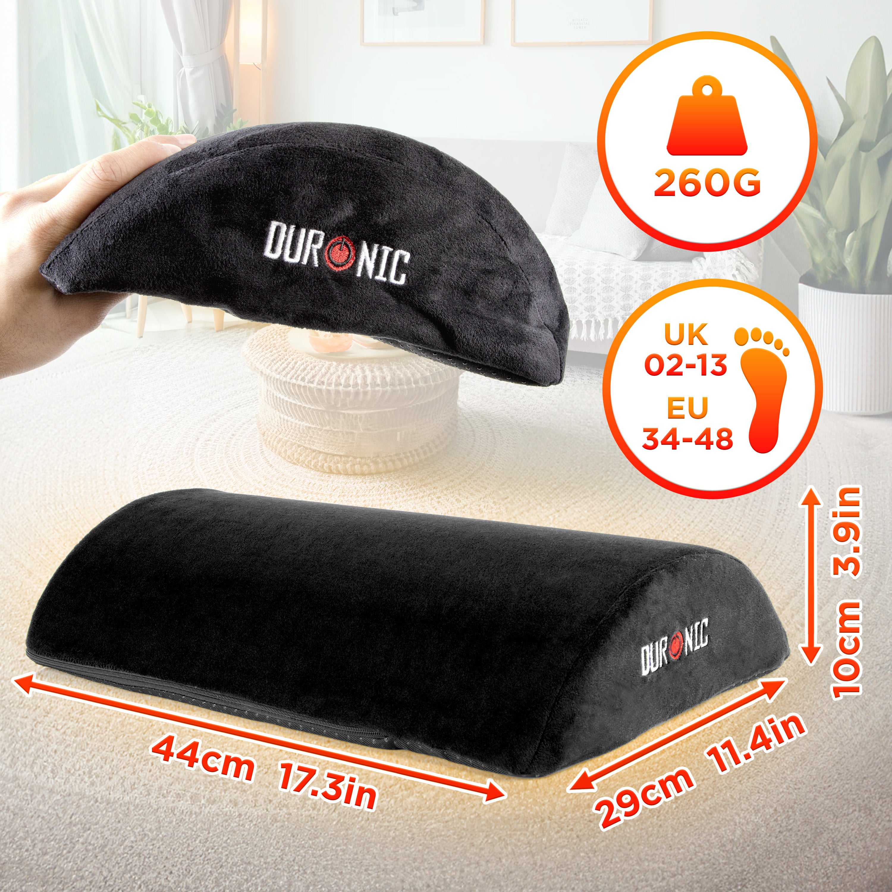 Duronic Ergonomic Footrest with dimensions of 44cm x 29cm x 10cm and a weight of 260g, suitable for UK shoe sizes 2-13.