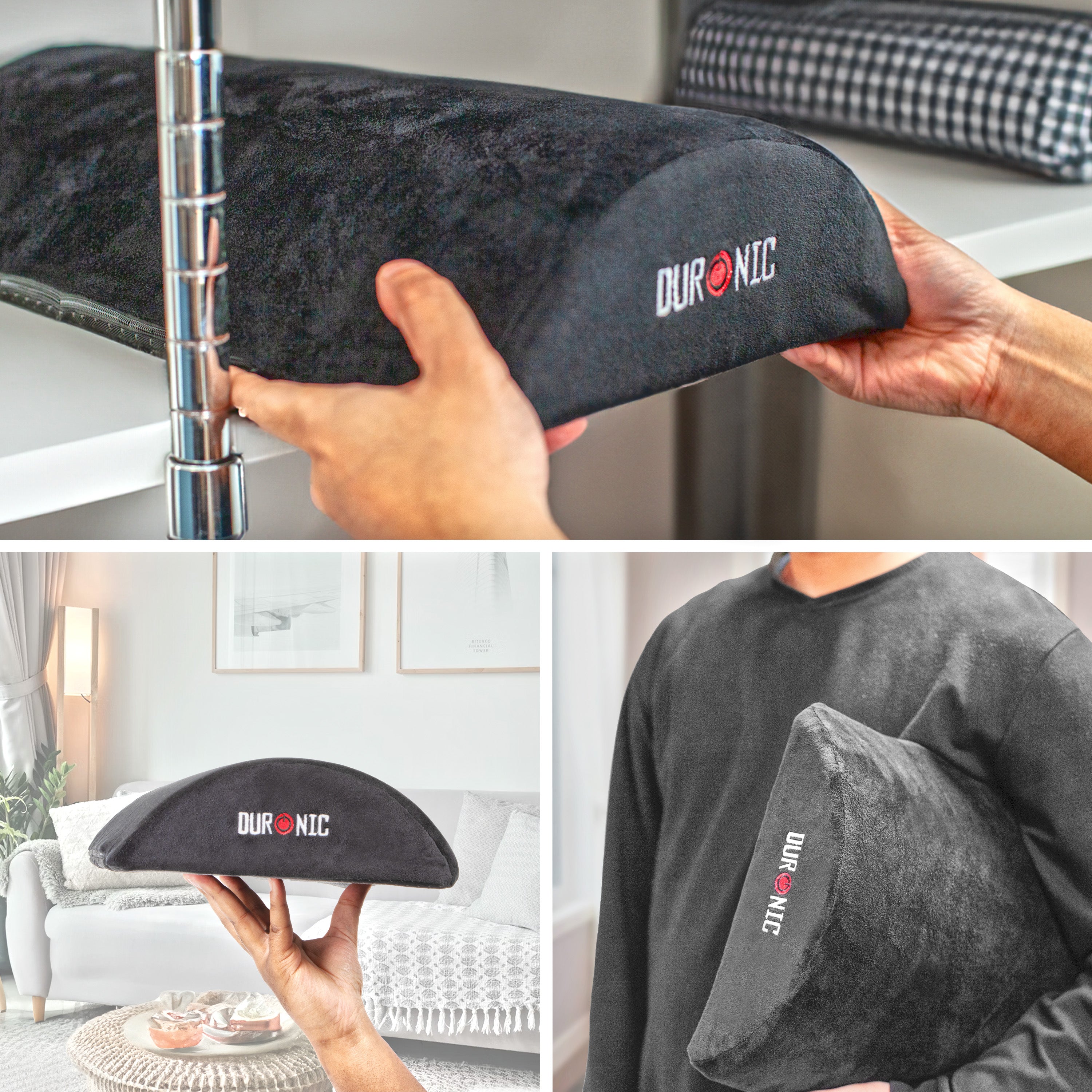 Duronic Ergonomic Footrest wtih a collage showing a person holding and demonstrating the portable footrest