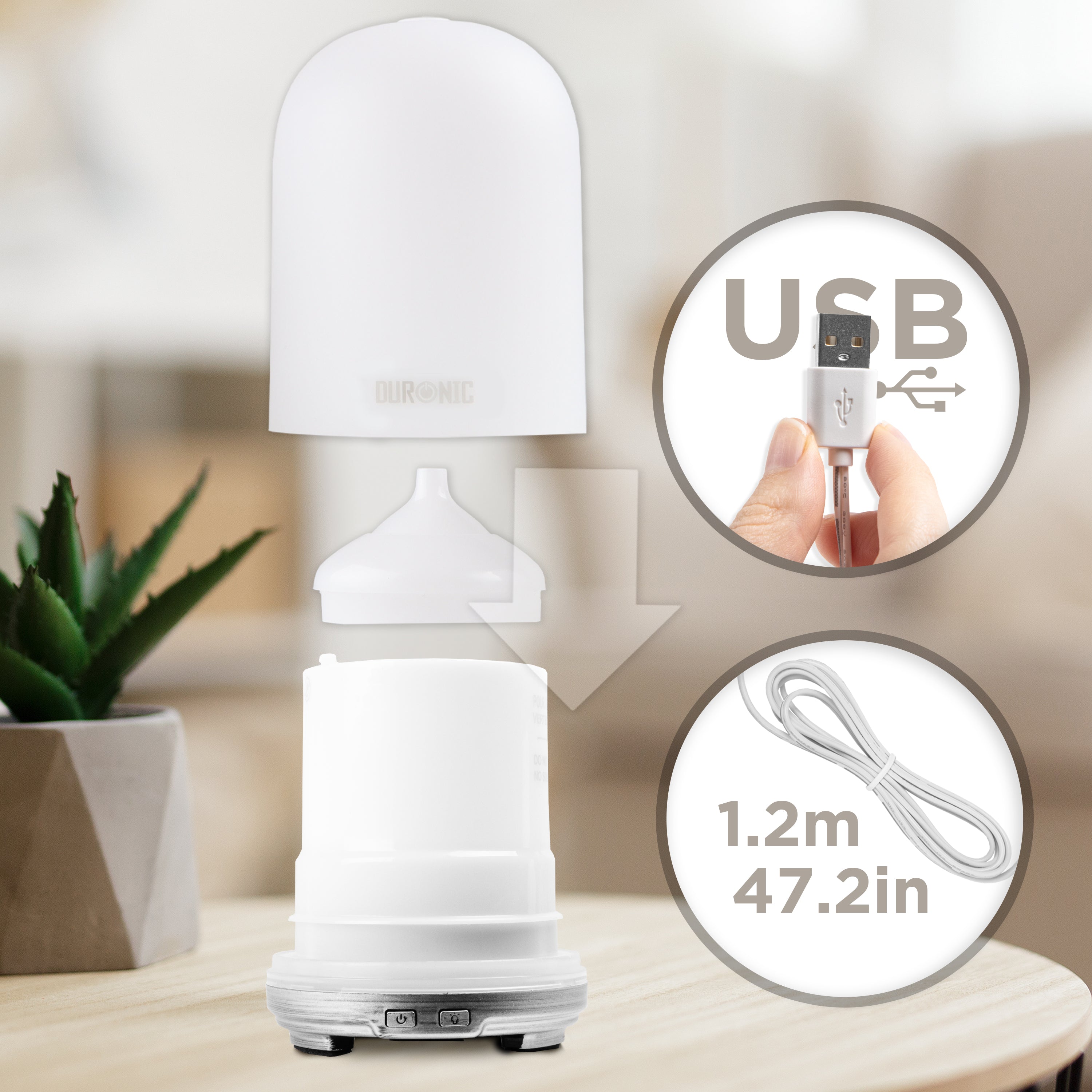 Duronic Essential Oil Diffuser with USB and cord dimension