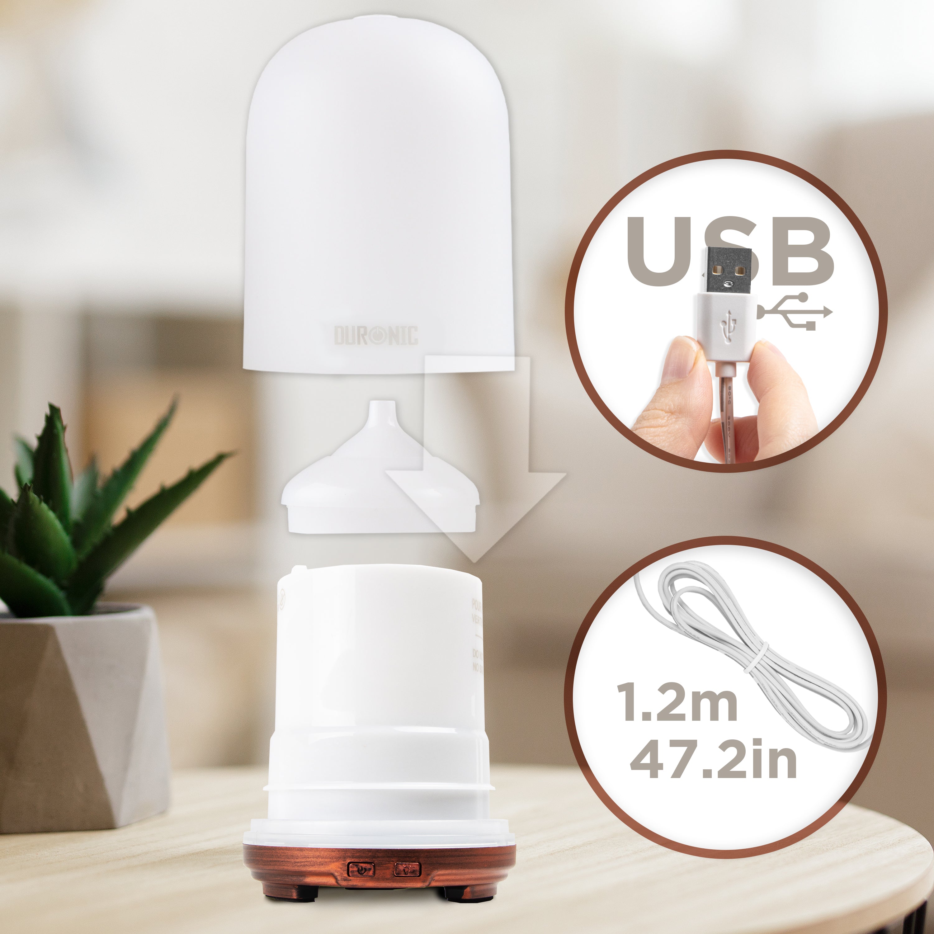 Duronic Essential Oil Diffuser with USB and product cord dimension