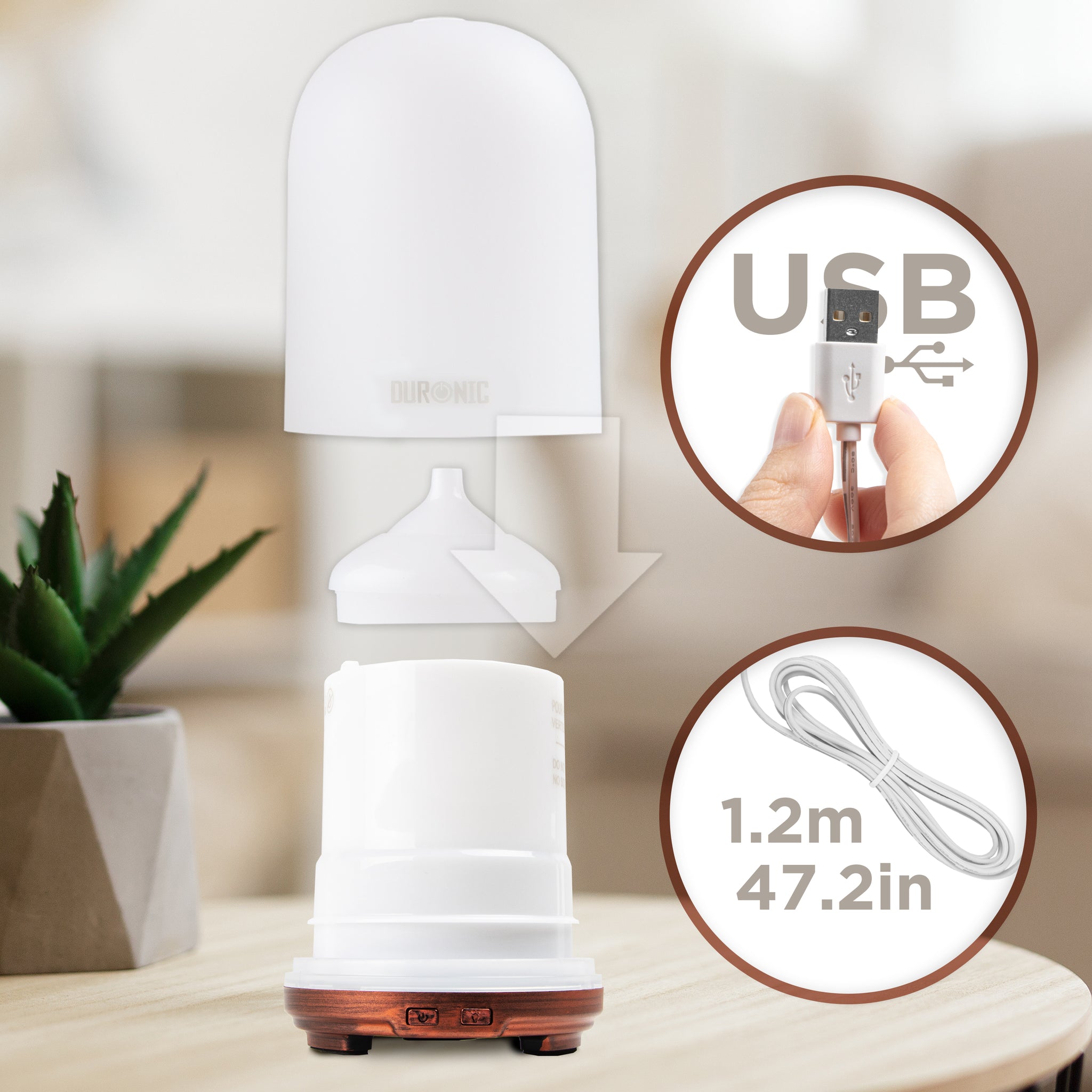 Duronic Essential Oil Diffuser with USB and product cord dimension