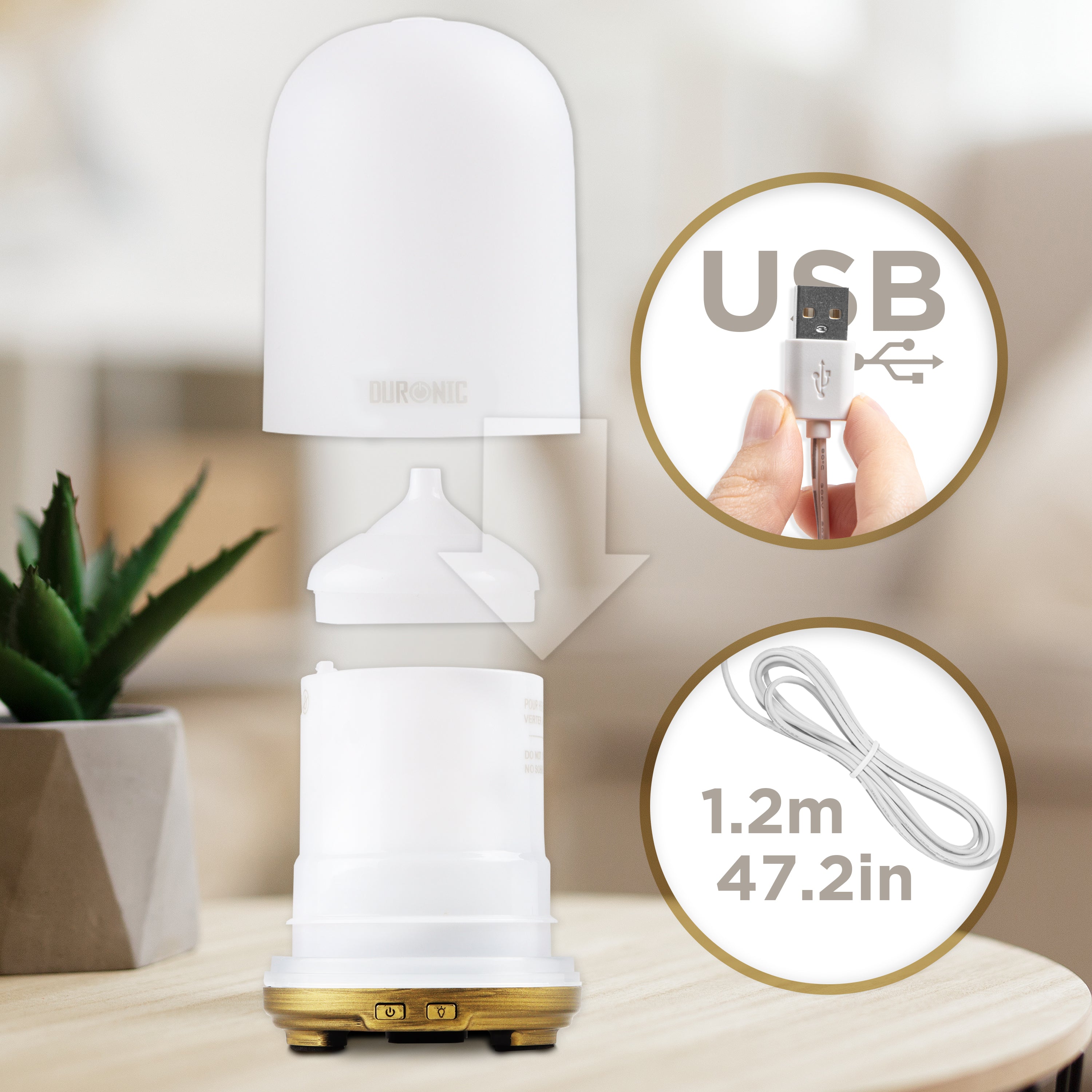 Duronic Essential Oil Diffuser with cord dimension and USB
