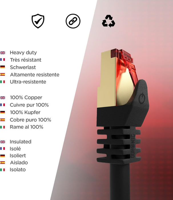 Duronic Ethernet Cable Black featuring a gold-plated connector with a snagless red clip and 100% copper insulation.