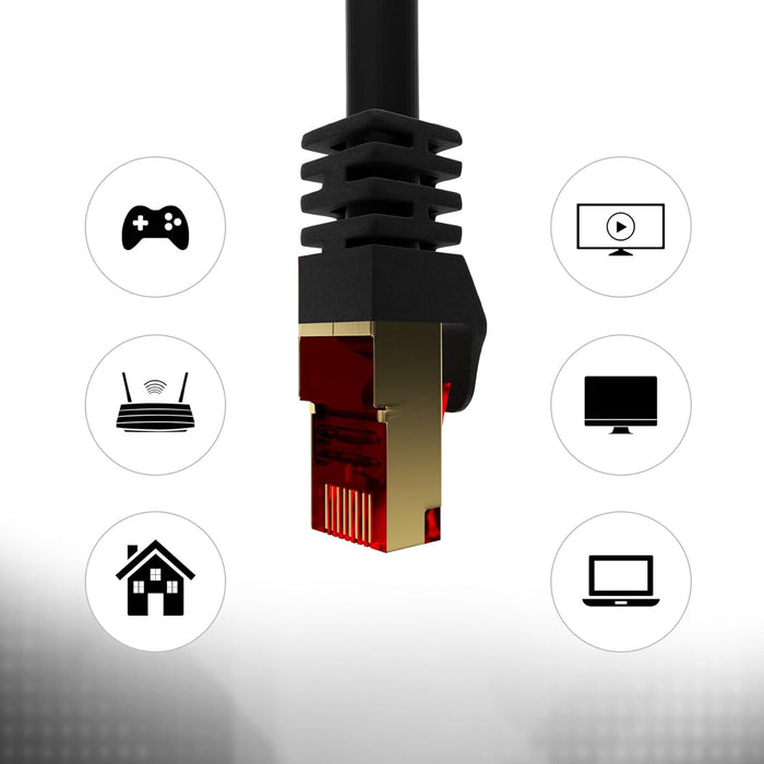 Duronic Ethernet Cable Black with a gold-plated RJ45 connector, surrounded by icons for gaming, routing, smart home, streaming, and computing devices.