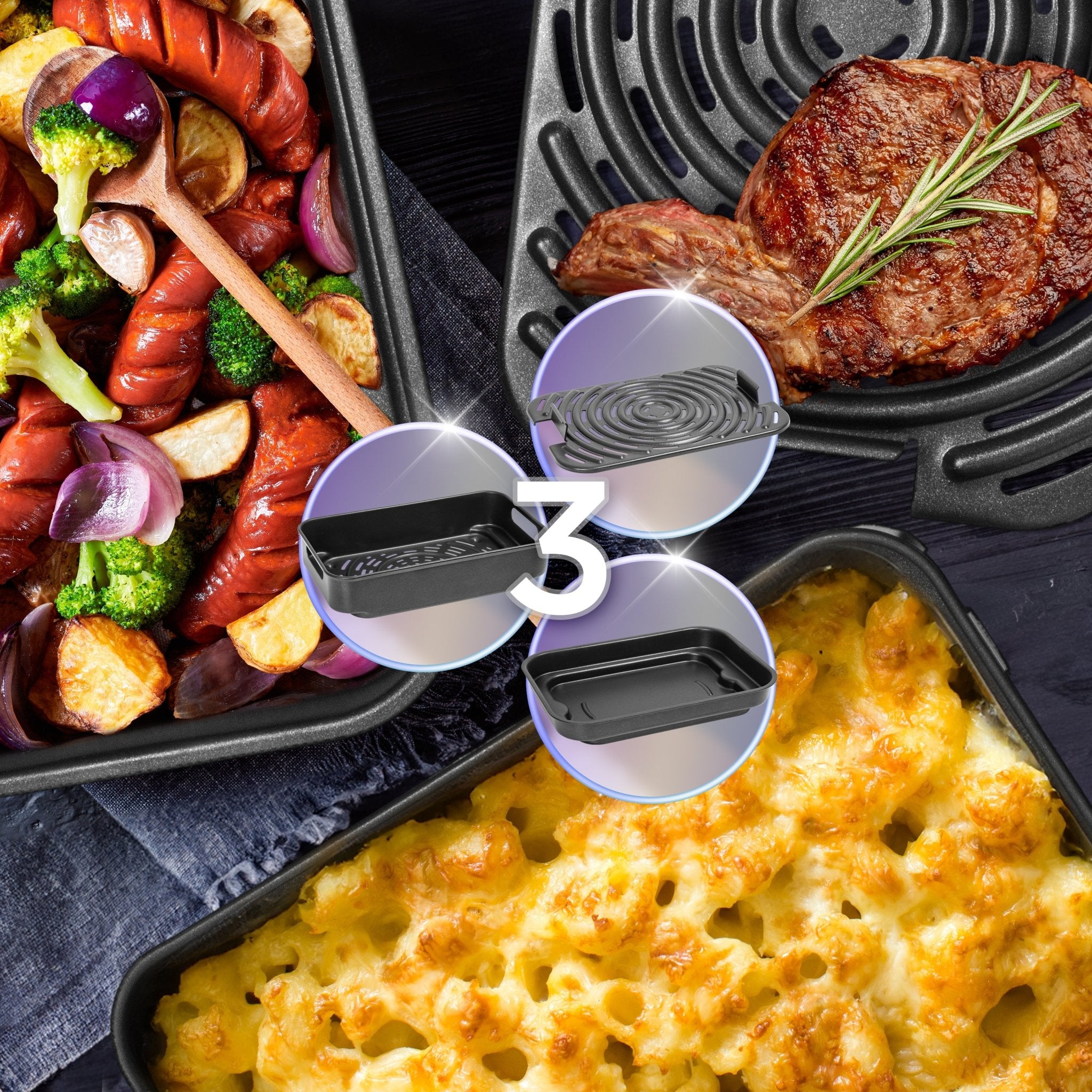 Duronic FG19 air fryer grill with 3 grill inserts for various foods like roasted vegetables, meat, macaroni and cheese