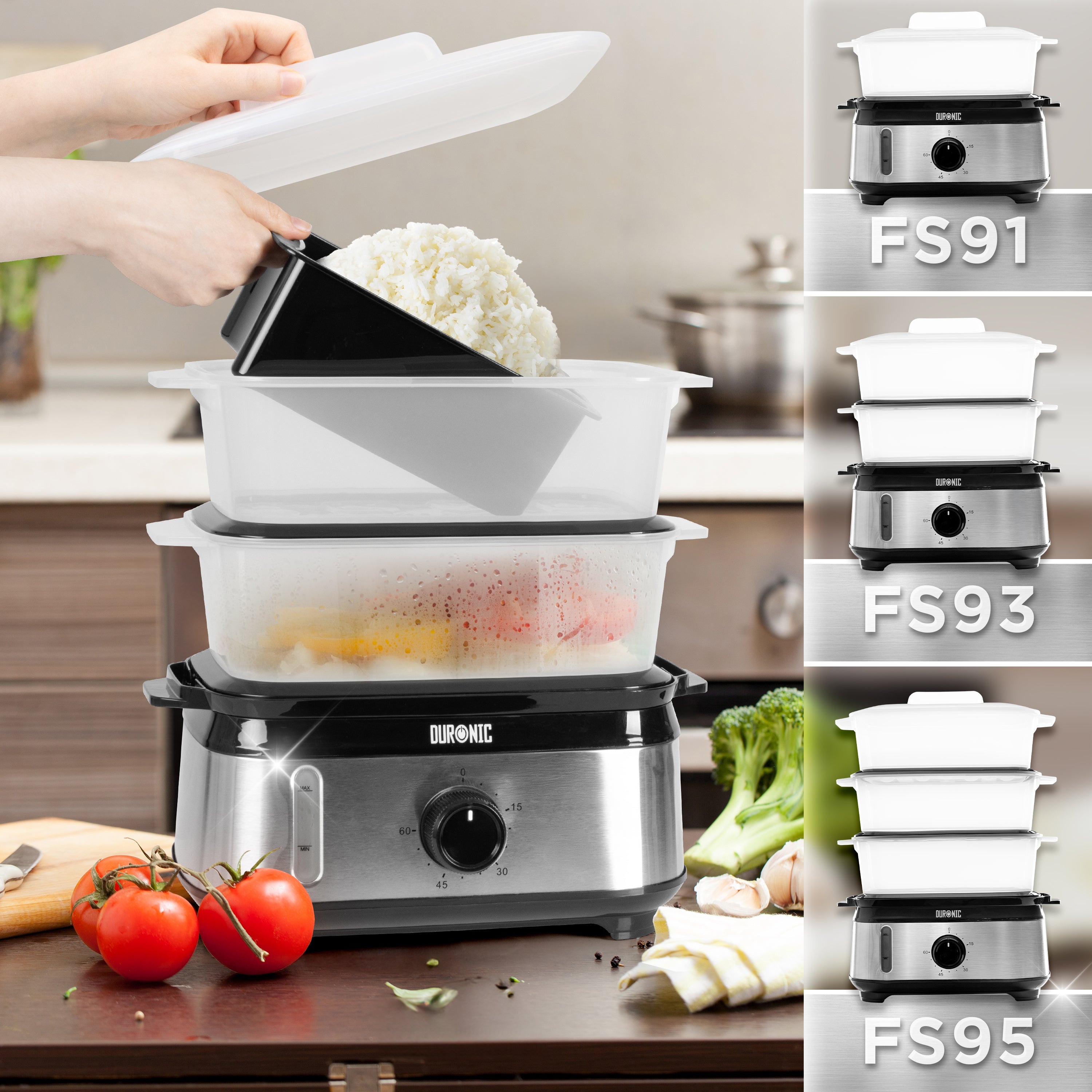 Duronic FS91 BK Black Electric Food Steamer preparing rice and vegetables, showcasing FS91, FS93, and FS95 models.