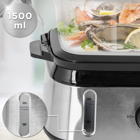 Duronic FS91 BK Black Electric Food Steamer showing water being poured into the 1500 ml external inlet.