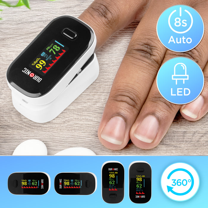 Duronic Finger Pulse Oximeter displaying oxygen saturation and heart rate levels on a multi-directional OLED screen.