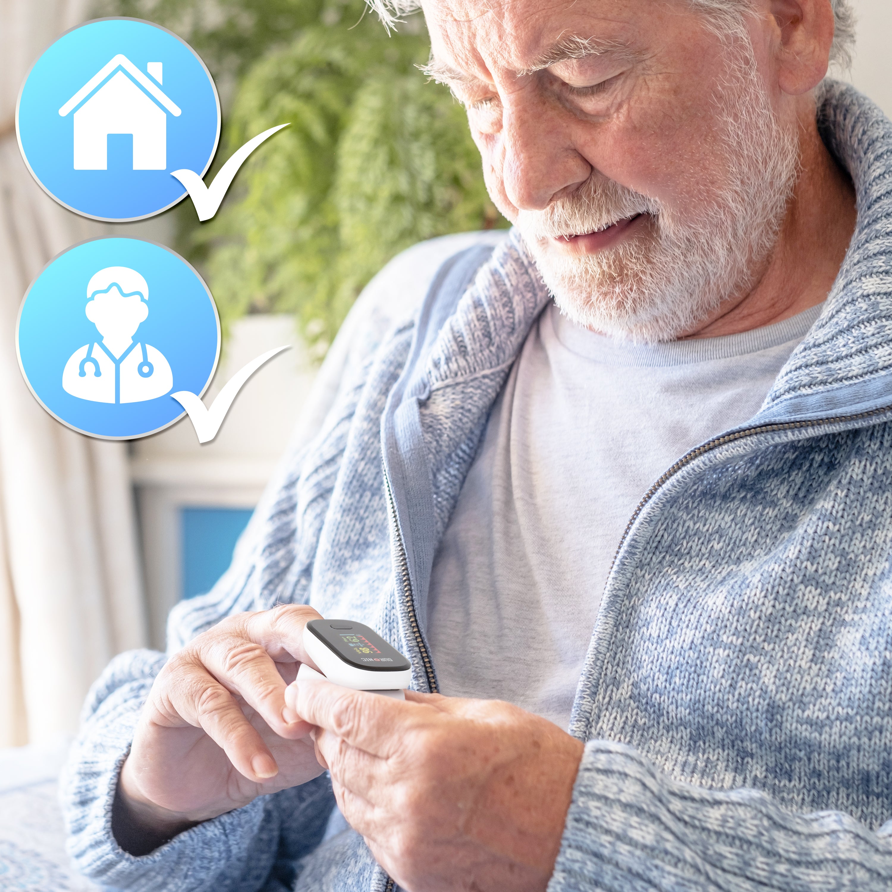 Duronic Finger Pulse Oximeter with an elderly man monitors his health at home using a digital pulse oximeter on his finger