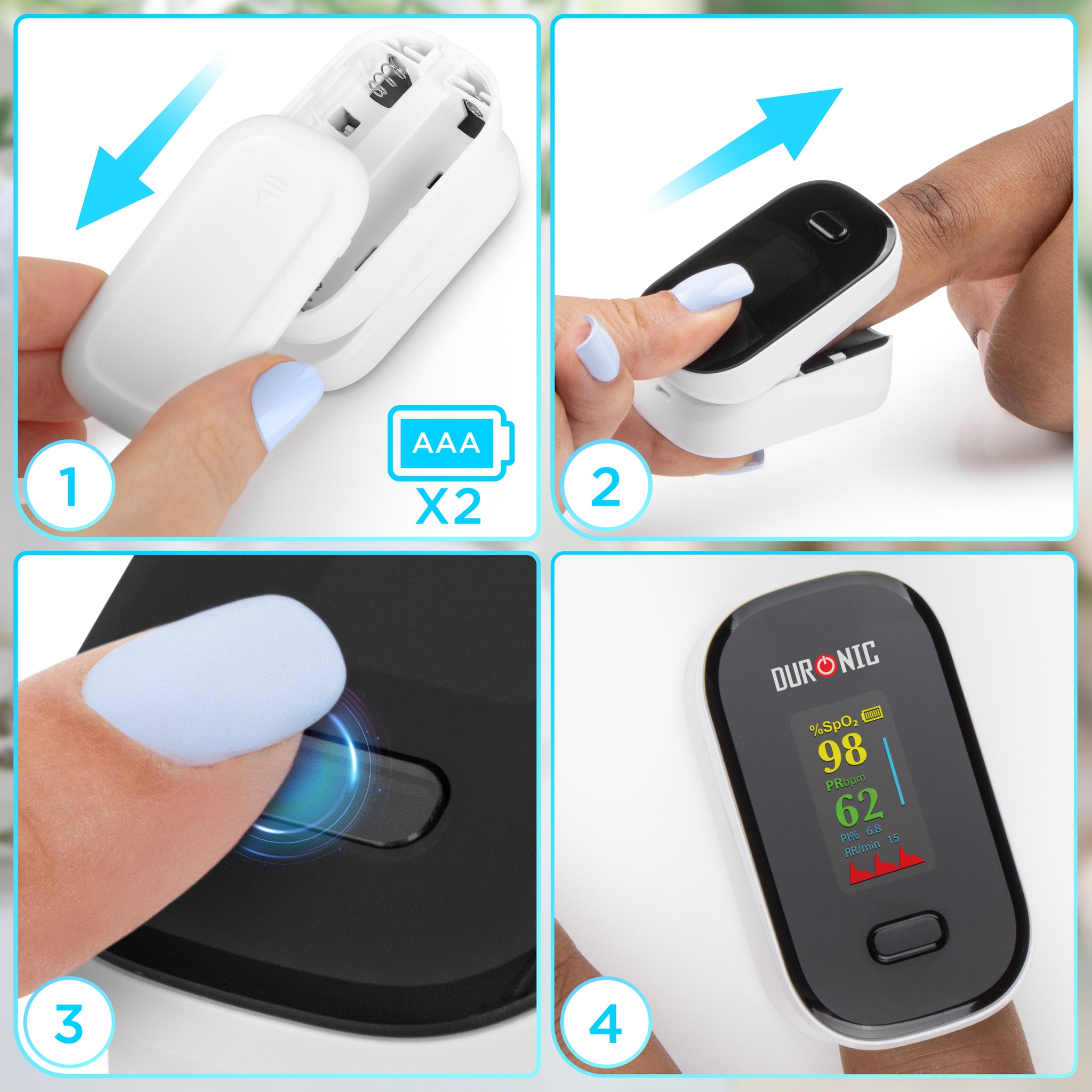 Duronic Finger Pulse Oximeter with instruction how to use the product