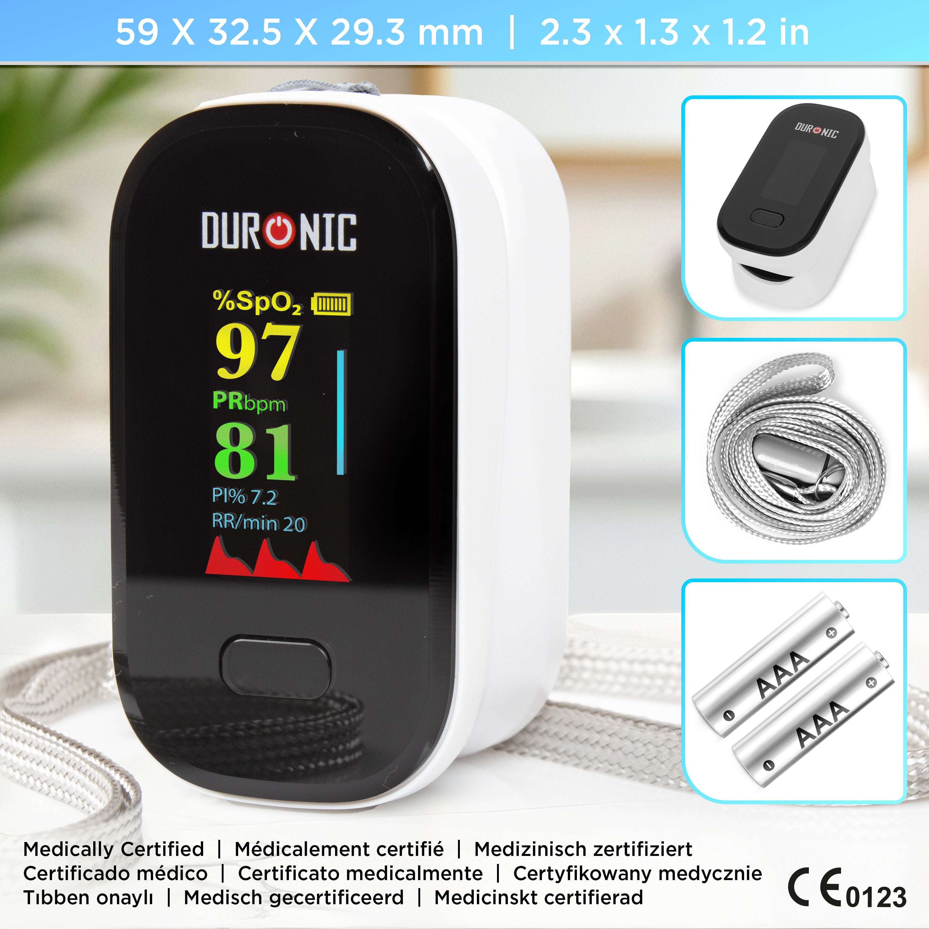 Duronic Finger Pulse Oximeter with product dimension and inclusion.