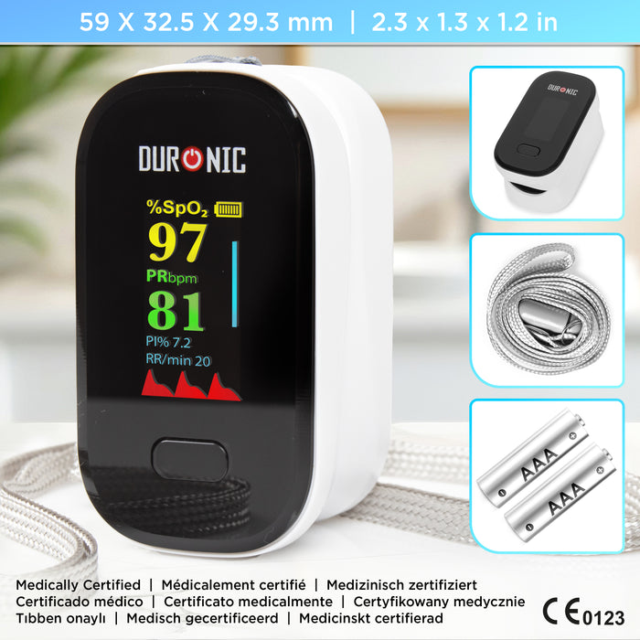 Duronic Finger Pulse Oximeter with product dimension and inclusion.