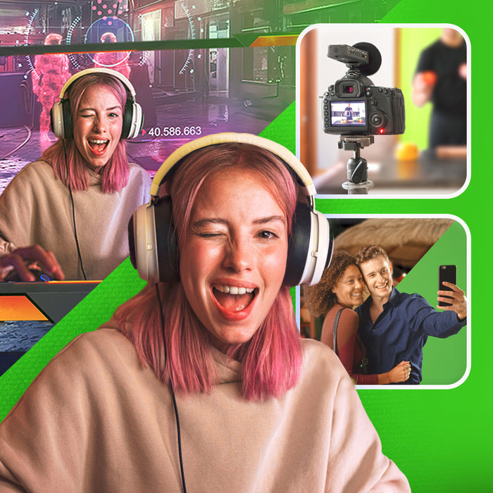 Duronic Floor Green Screen Backdrop featuring a pink-haired woman wearing headphones gaming and winking, alongside smaller frames showing a professional camera setup and a couple taking a selfie.