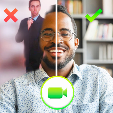 Duronic Floor Green Screen Backdrop showing a man in a poorly lit, blurry video call marked with a red "X" versus a sharp, well-lit, and professional video call marked with a green checkmark.