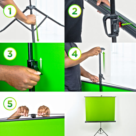 Duronic Floor Green Screen Backdrop showing tripod setup, mounting the screen, and adjusting the height.