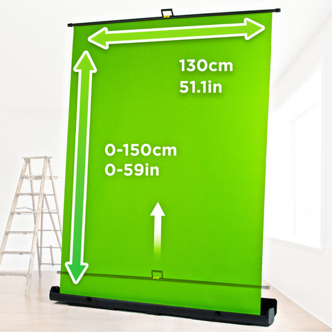 Duronic Floor Green Screen Backdrop with adjustable height up to 150cm (59 inches) and a fixed width of 130cm (51.1 inches).