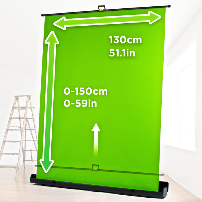 Duronic Floor Green Screen Backdrop with adjustable height up to 150cm (59 inches) and a fixed width of 130cm (51.1 inches).