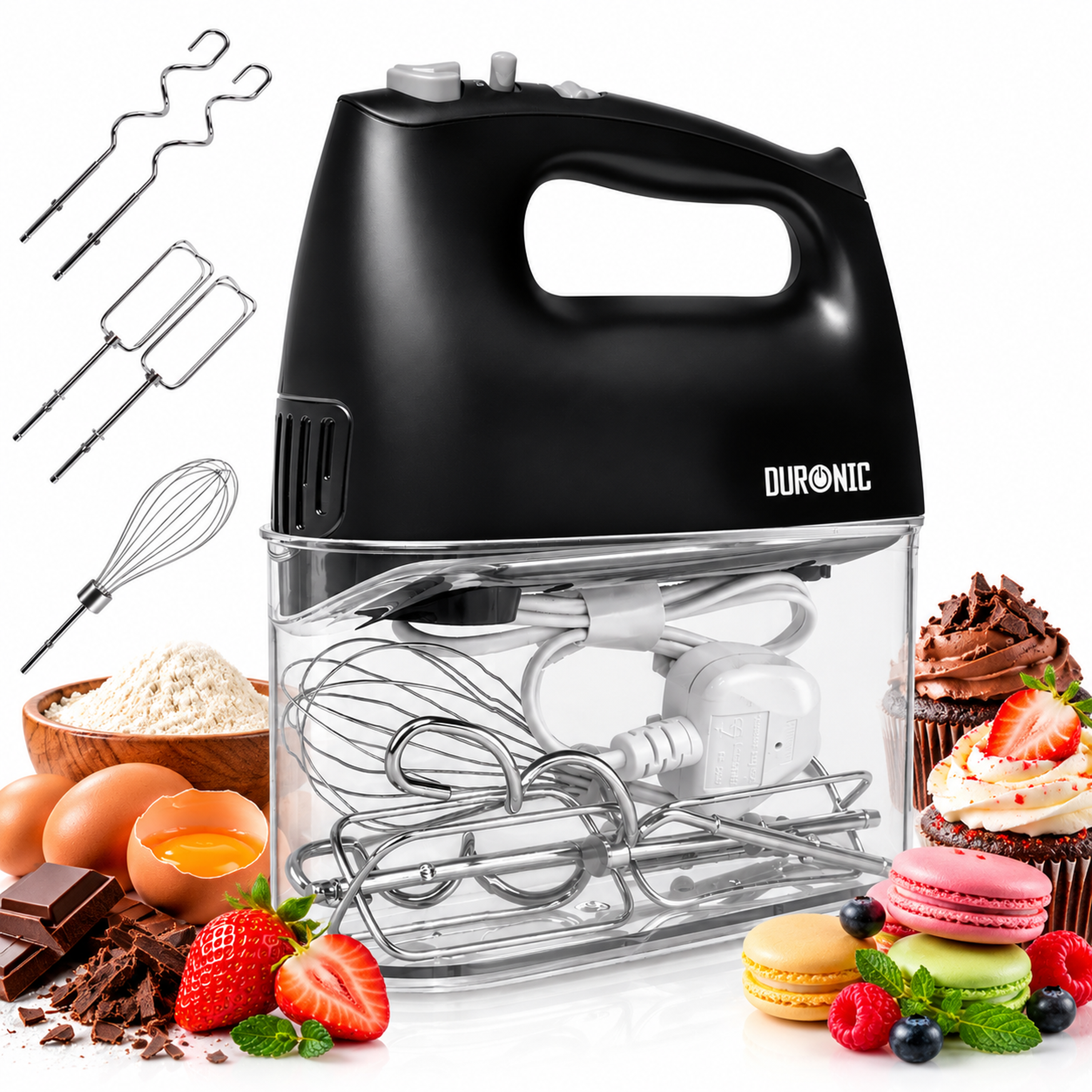 Duronic_HM4_BK_electric_hand_mixer_surrounded_by_baking_ingredients_and_desserts