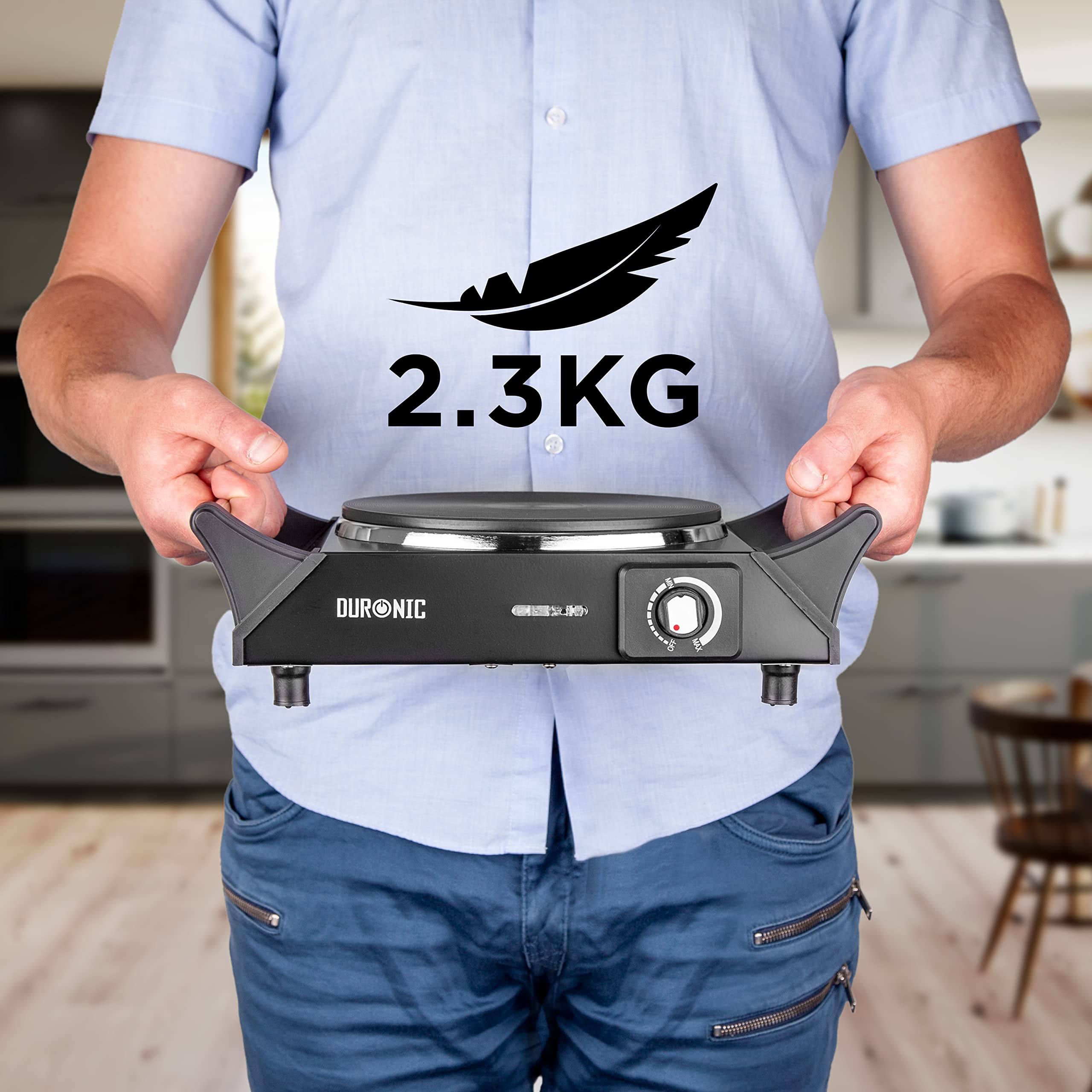 Duronic HP1 BK portable hot plate weight 2.3kg lightweight and compact shown in a kitchen