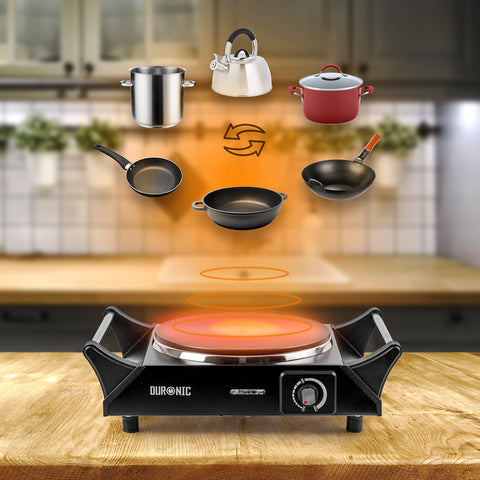 Duronic HP1 BK portable hot plates suitable for pots, pans, woks, kettles for kitchen, home, cooking, camping