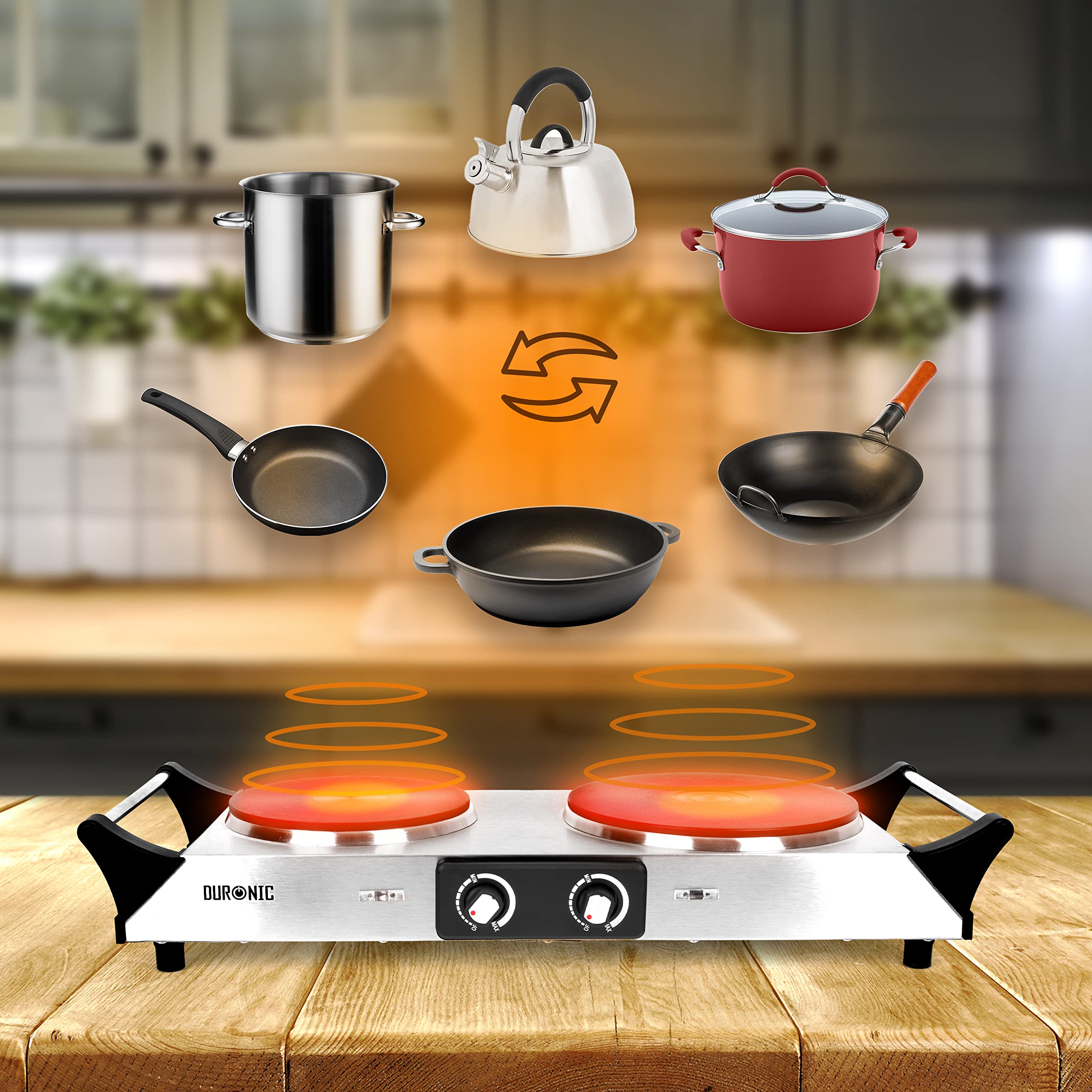 Duronic HP2 SS electric double hot plate compatible with pots, pans, kettles, woks, bowls