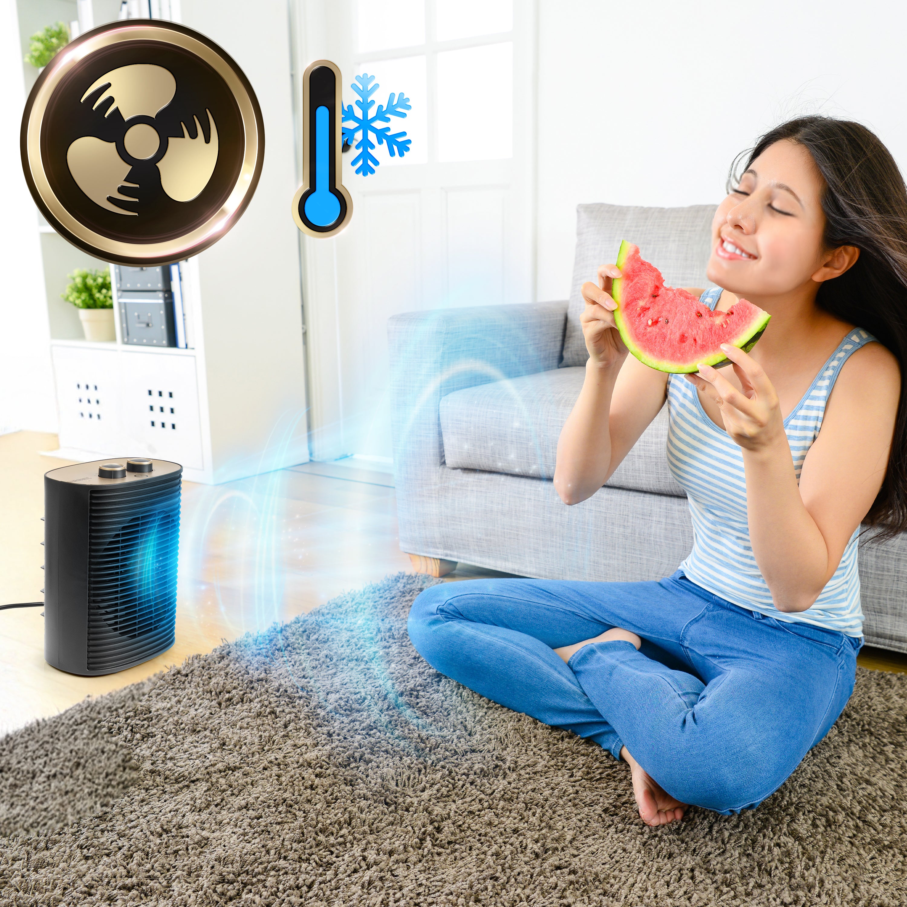 Duronic HV32 BK Electric Fan Heater with a young woman using the portable fan heater provides a cooling breeze in a bright living room.