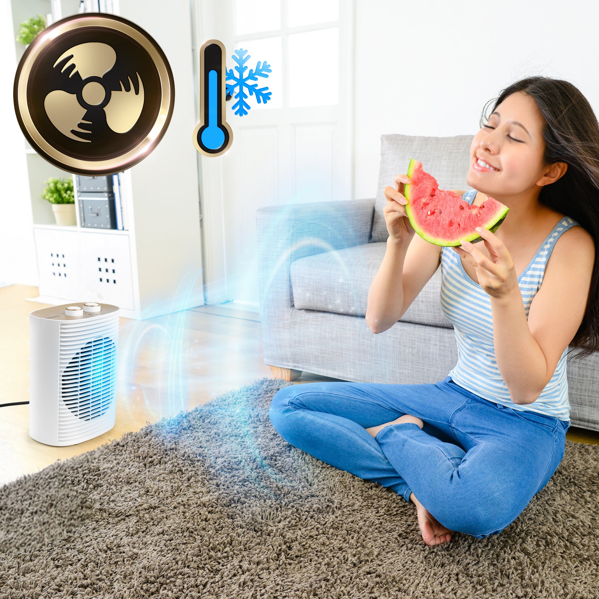 Duronic HV32 Electric Fan Heater with a young woman using the portable fan heater provides a cooling breeze in a bright living room.