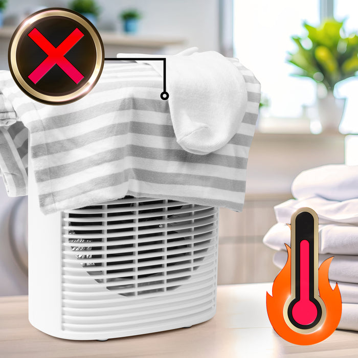 Duronic HV32 WE Electric Fan Heater with a "no" symbol and a high-temperature flame icon, warning users not to dry clothes or socks on the device due to fire hazards.