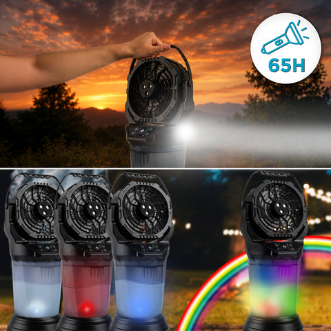 Duronic Handheld Misting Fan with bright sixty five hour flashlight and customizable multicolor LED lights