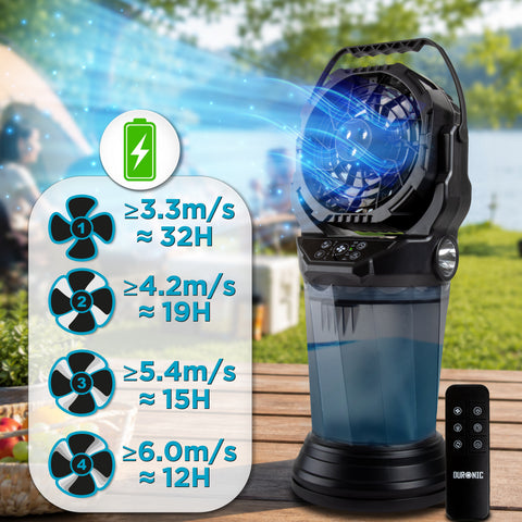 Duronic Handheld Misting Fan with remote control, showing battery life and adjustable speed levels.