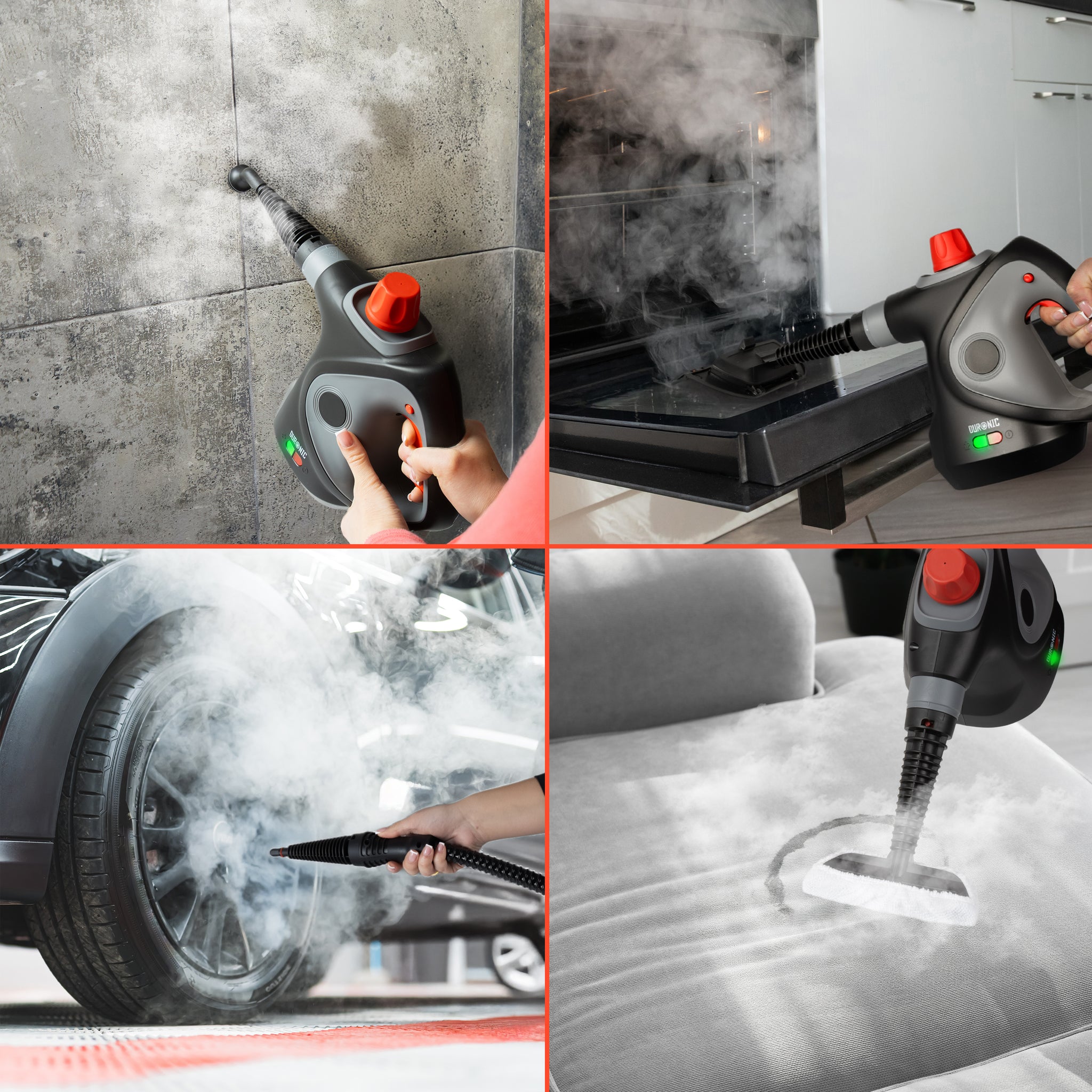 Duronic  Handheld Steam Cleaner being used to clean wall tiles, ovens, car wheels, and furniture.