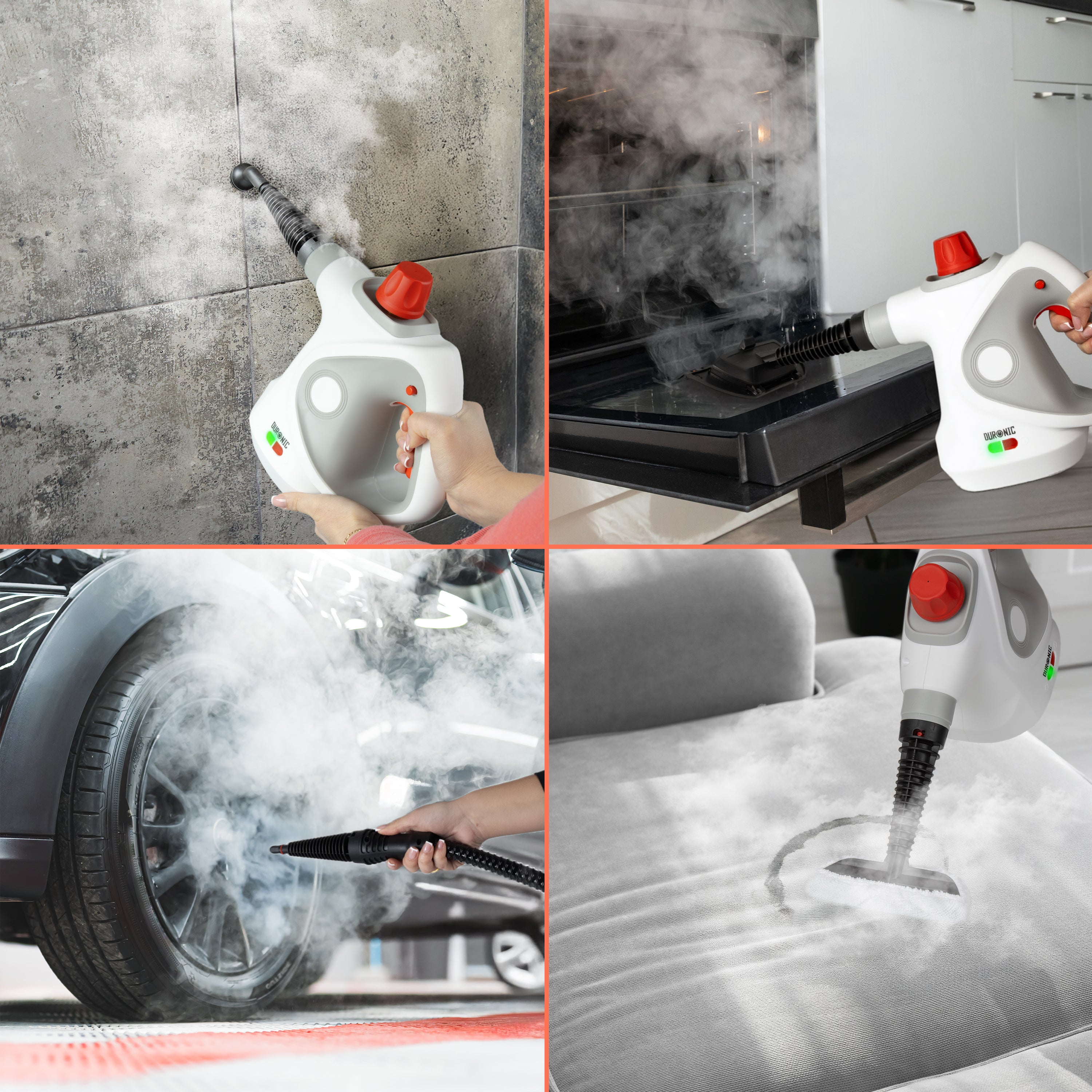 Duronic  Handheld Steam Cleaner used for deep cleaning tile grout, oven interiors, car wheels, and upholstery.