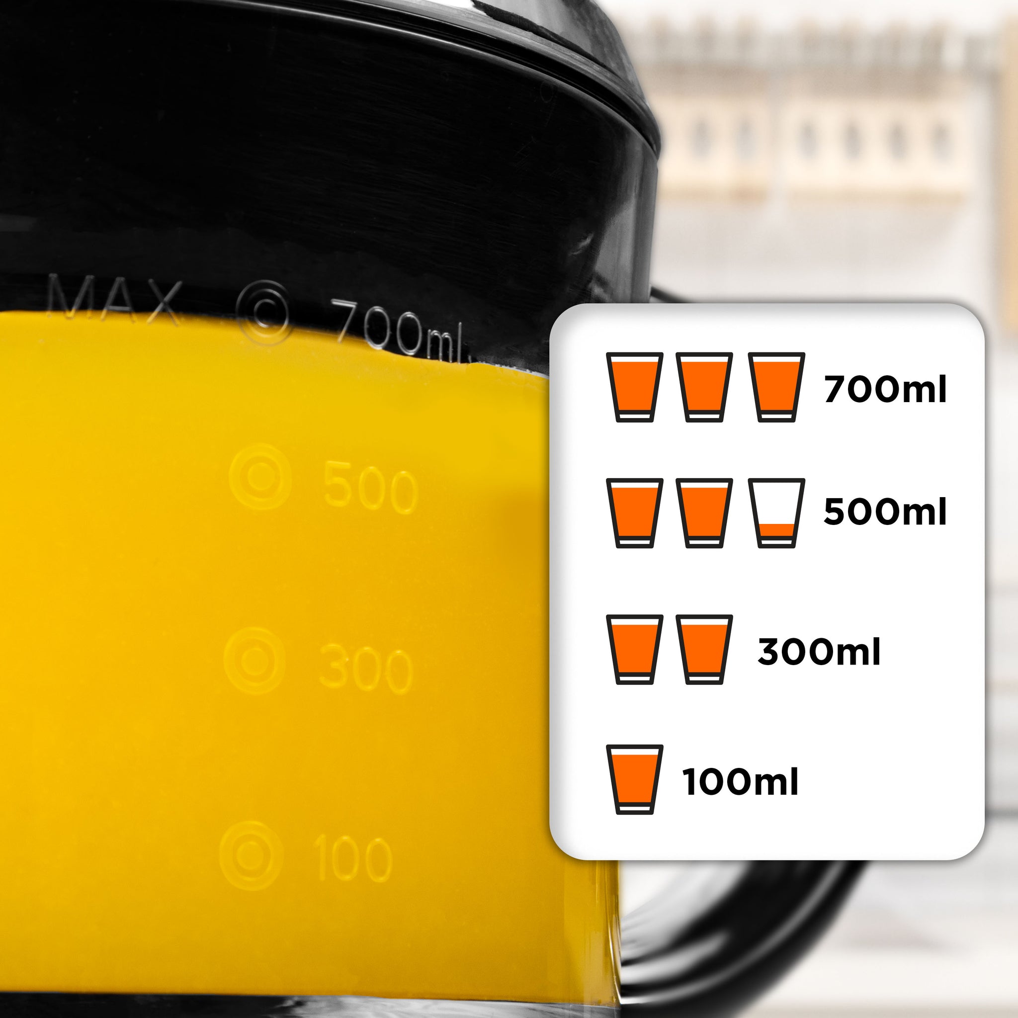 Duronic JE407 electric citrus juicer measurements per glass capacity of juice 