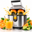Duronic JE812 Electric Citrus Juicer with press handle, orange juice splash, and sliced citrus.