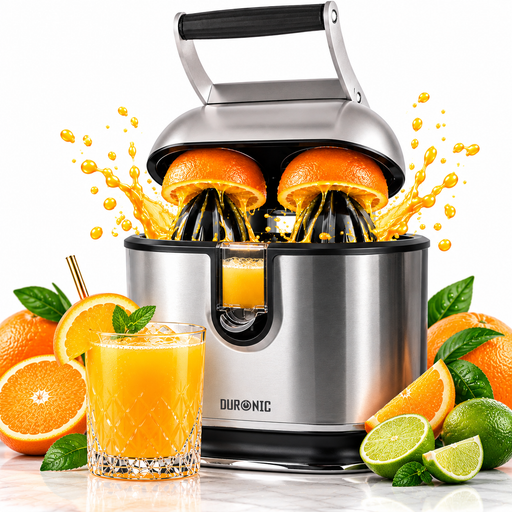 Duronic JE812 Electric Citrus Juicer with press handle, orange juice splash, and sliced citrus.