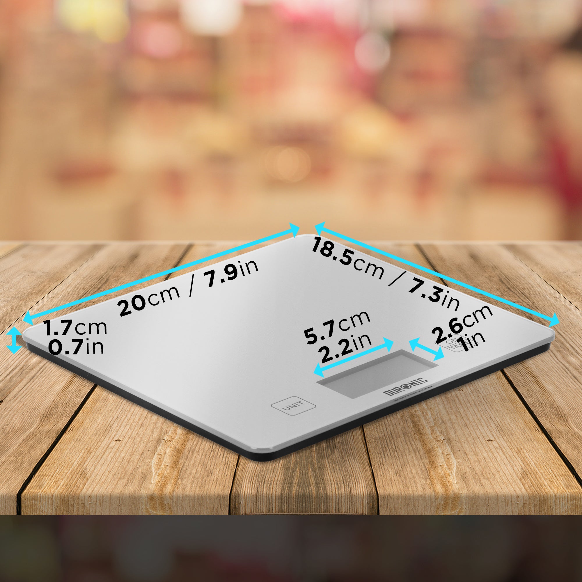 Duronic KS1080 digital weight scale dimensions length, height, width for measuring kitchen foods, baking, pet food