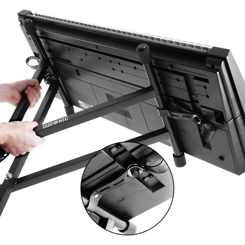 Duronic Keyboard Stand safety straps securing a digital piano to the metal frame.