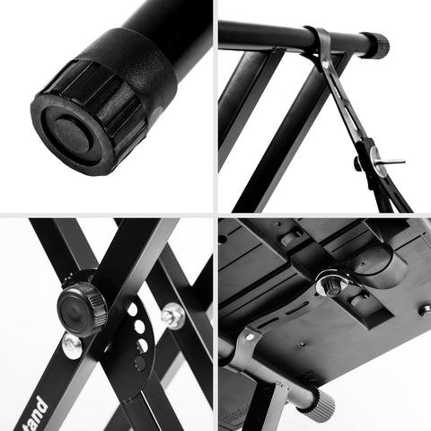 Duronic Keyboard Stand showing details of a black X-style keyboard stand with security straps.