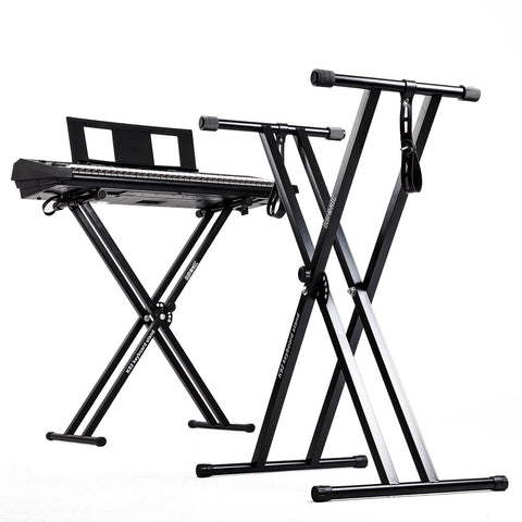 Duronic Keyboard Stand shown empty and supporting a digital electronic piano.