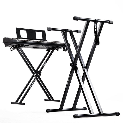 Duronic Keyboard Stand shown empty and supporting a digital electronic piano.