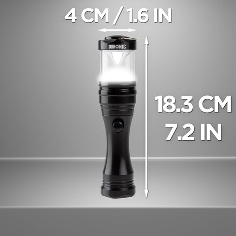 Duronic LED Torch measuring 18.3 cm (7.2 in) in height and 4 cm (1.6 in) in width.