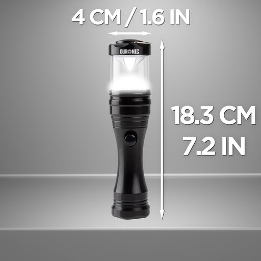 Duronic LED Torch measuring 18.3 cm (7.2 in) in height and 4 cm (1.6 in) in width.