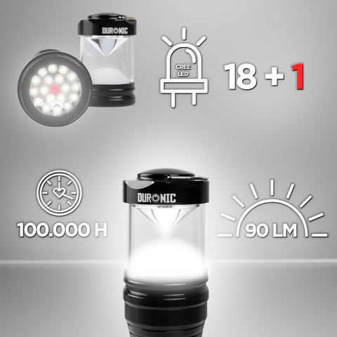 Duronic LED Torch showing its 90-lumen brightness, 100,000-hour lifespan, and 18+1 CREE LED configuration.