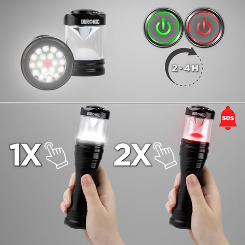 Duronic LED Torch showing its charging indicator, 2 to 4-hour battery life, and dual light modes including a white lantern and a red SOS signal activated by two clicks.