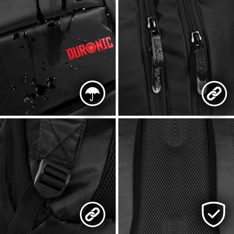 Duronic Laptop Backpack Black features close-up details of water-resistant fabric, heavy-duty zippers, straps, and mesh backing.