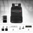 Duronic Laptop Backpack Black showcasing multi-compartment storage capacity diagrams for various tech accessories and devices.