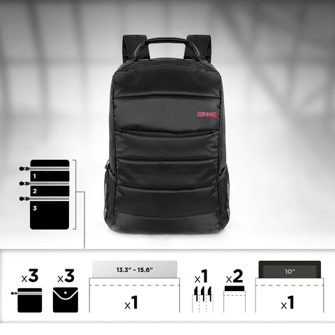 Duronic Laptop Backpack Black showcasing multi-compartment storage capacity diagrams for various tech accessories and devices.