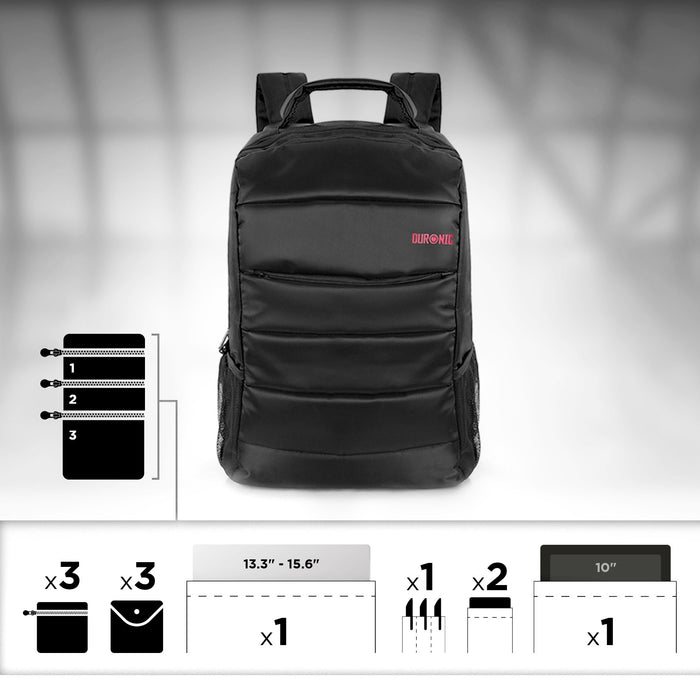 Duronic Laptop Backpack Black showcasing multi-compartment storage capacity diagrams for various tech accessories and devices.