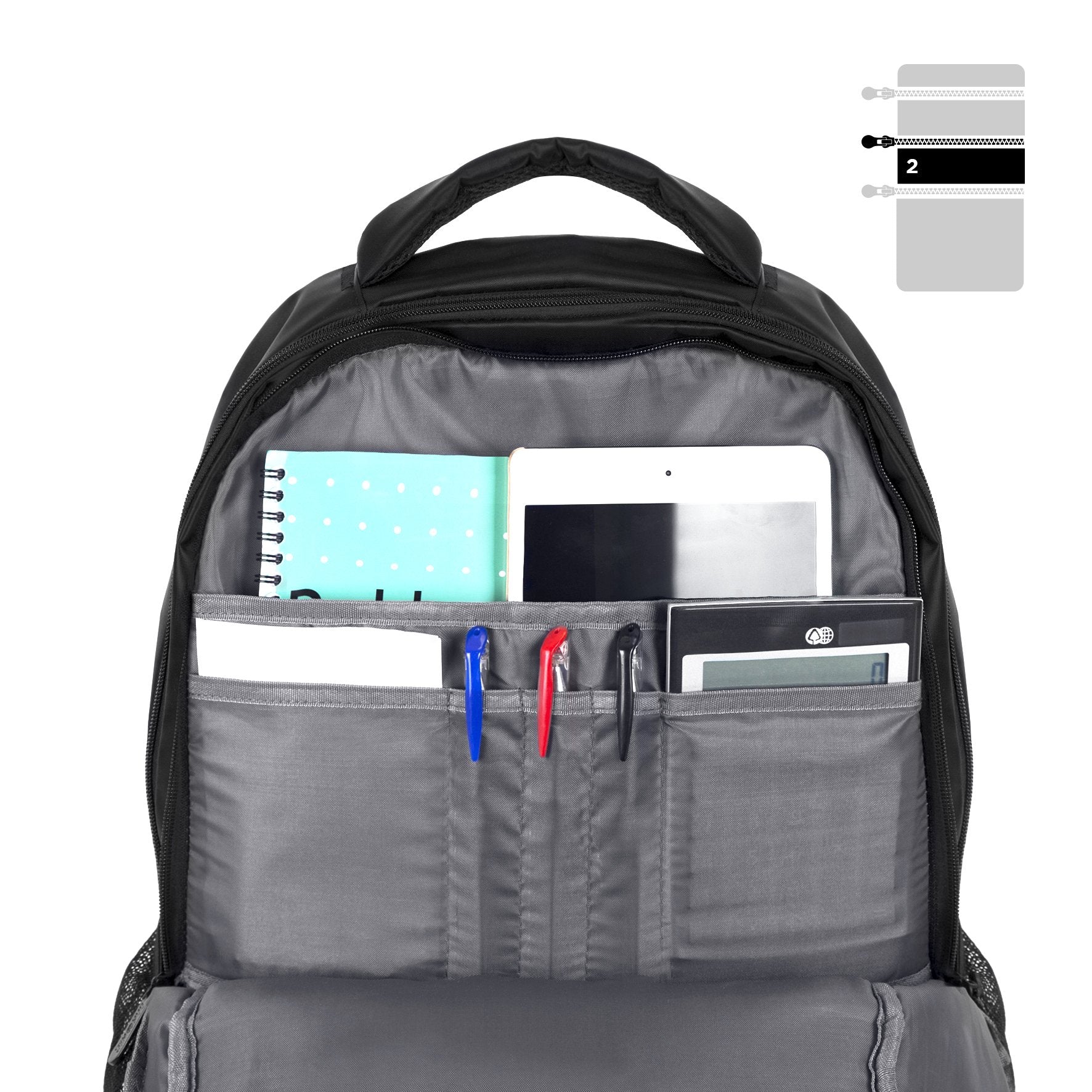 Duronic Laptop Backpack Black showcasing organized pockets with notebook, tablet, pens, and calculator neatly stored.
